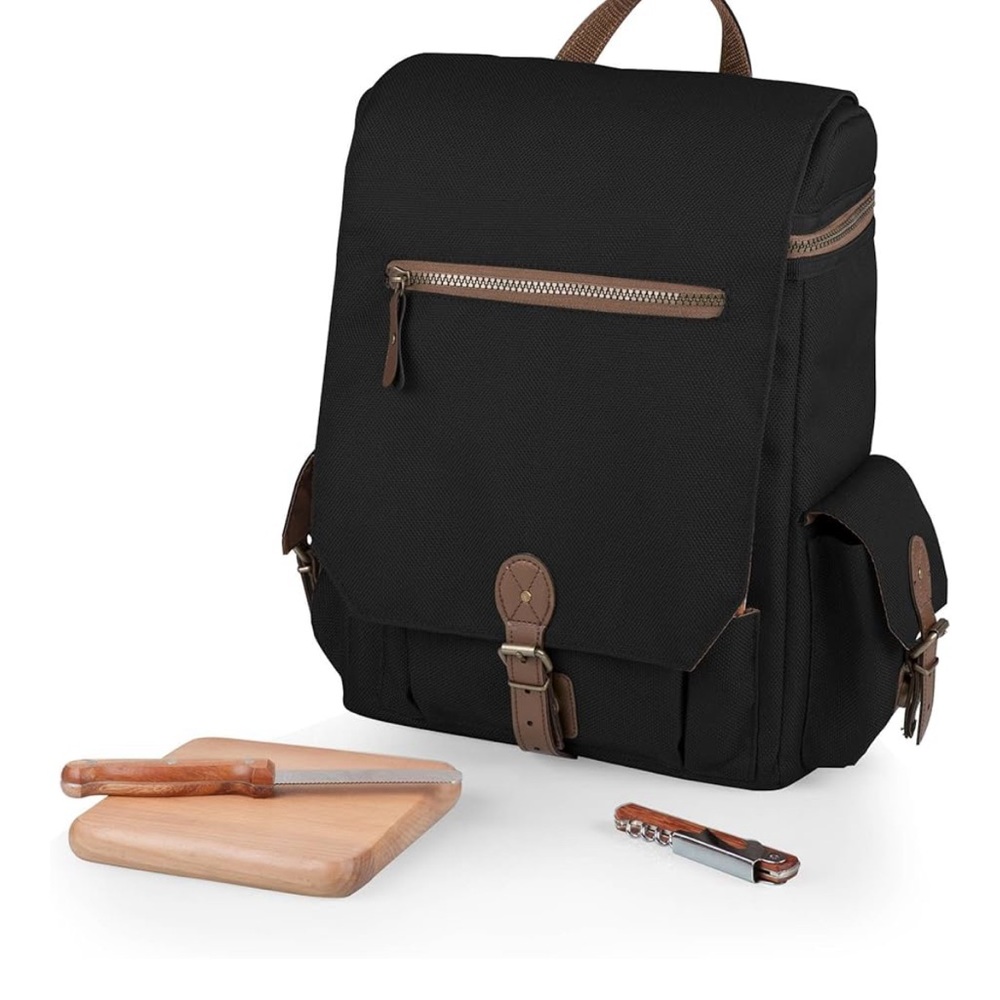3 Bottle Wine and Cheese Tote - Black with brown accents